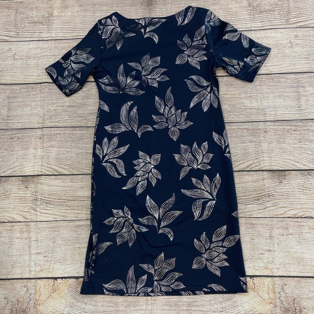 😍NWT Karen Scott Navy Silver Knit Midi Dress 3/4 sleeves super cute size Small 4